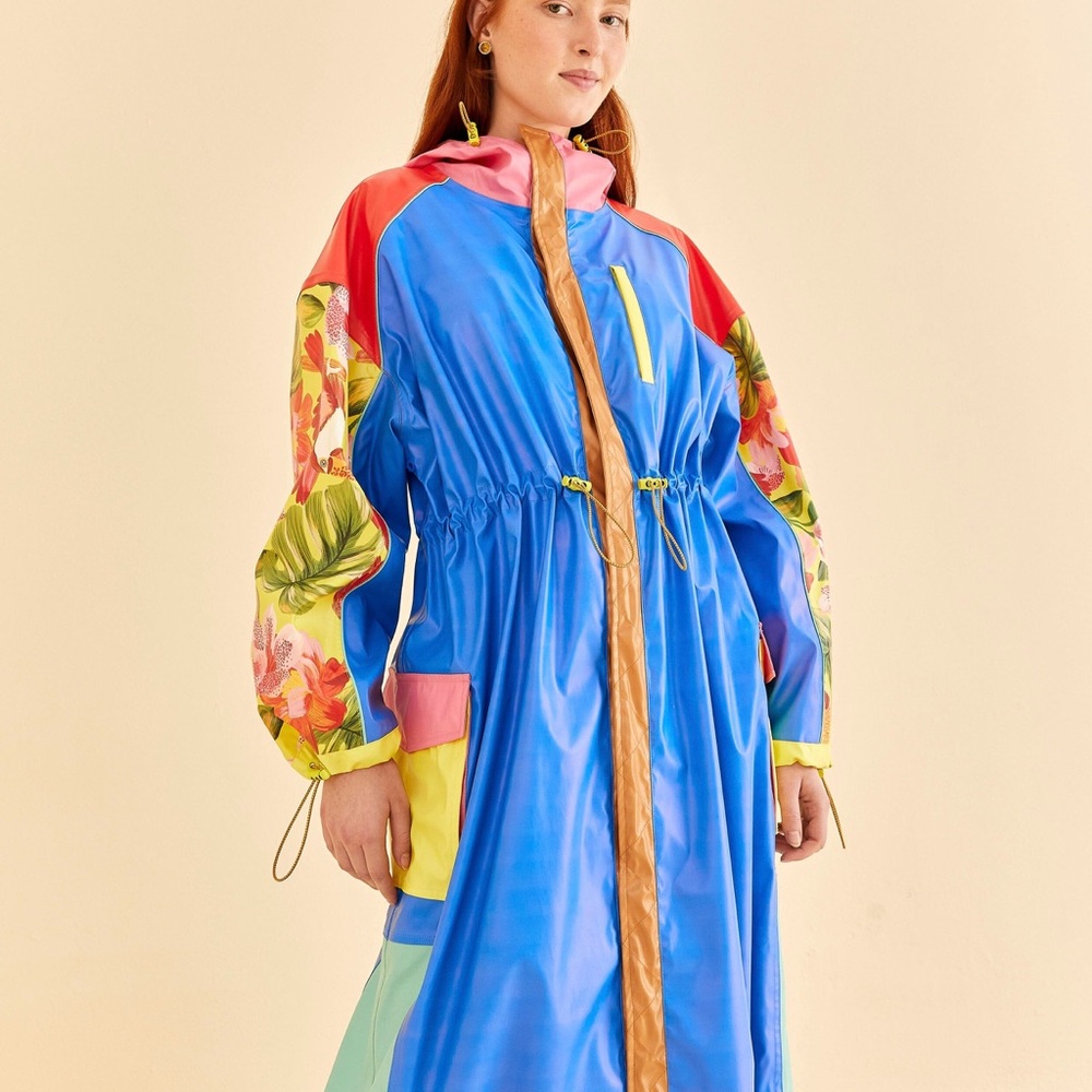 Farm Rio Blue Color Blocking Long Raincoat